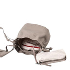 Lieblingstasche Fleur taupe leather bucket bag with a detachable patterned interior pouch on a white background