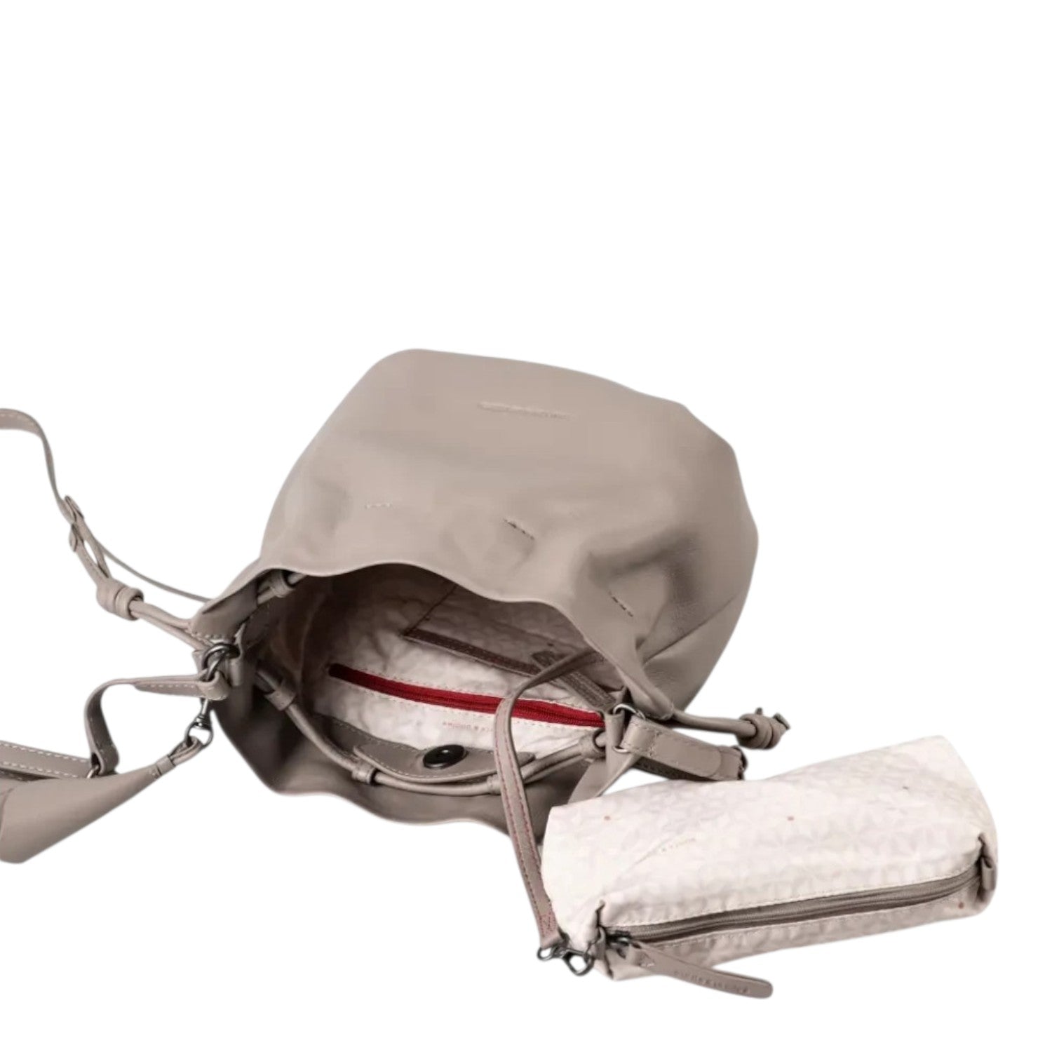 Lieblingstasche Fleur taupe leather bucket bag with a detachable patterned interior pouch on a white background