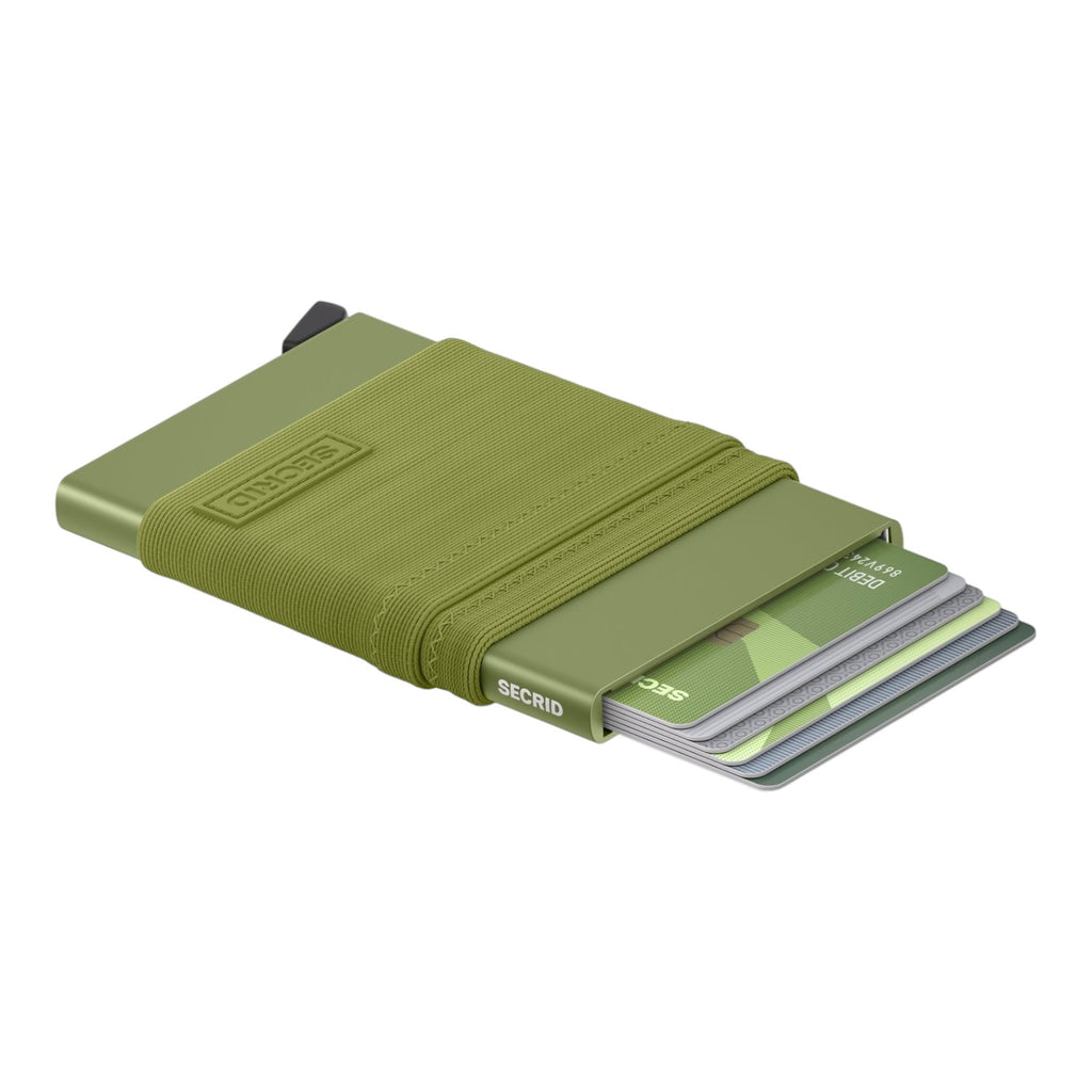 Lieblingstasche Flexwallet in olive green with RFID card protector and elastic powernet textile sleeve for cards.