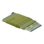 Lieblingstasche Flexwallet in olive green with RFID card protector and elastic powernet textile sleeve for cards.