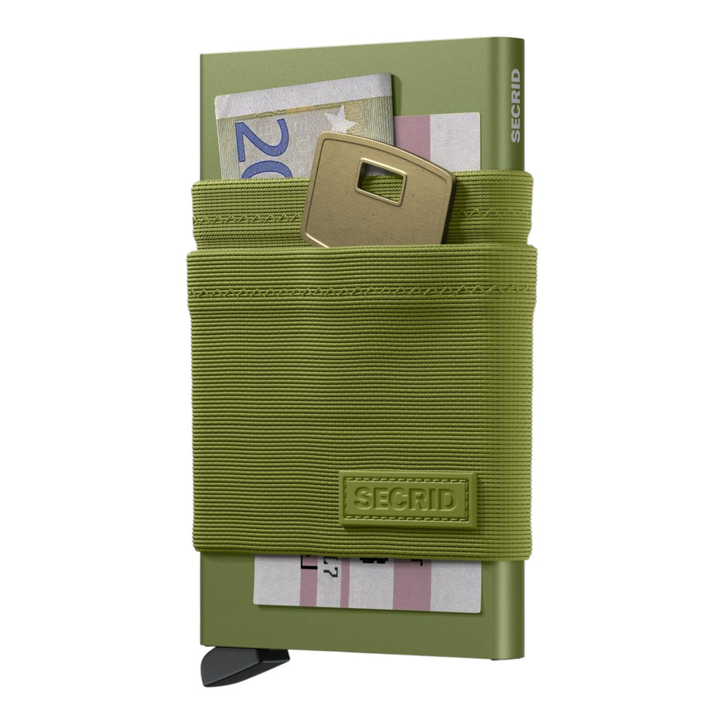 Lieblingstasche Flexwallet in olive green with RFID card protector, elastic powernet sleeve, and key storage.