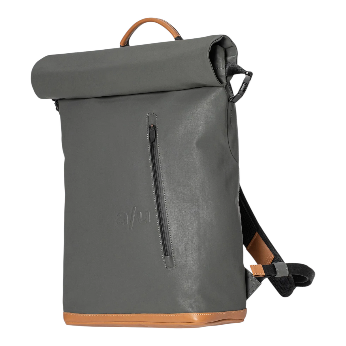 Lieblingstasche a/u by aunts & uncles Fukui grey rolltop backpack with leather details and front zipper pocket