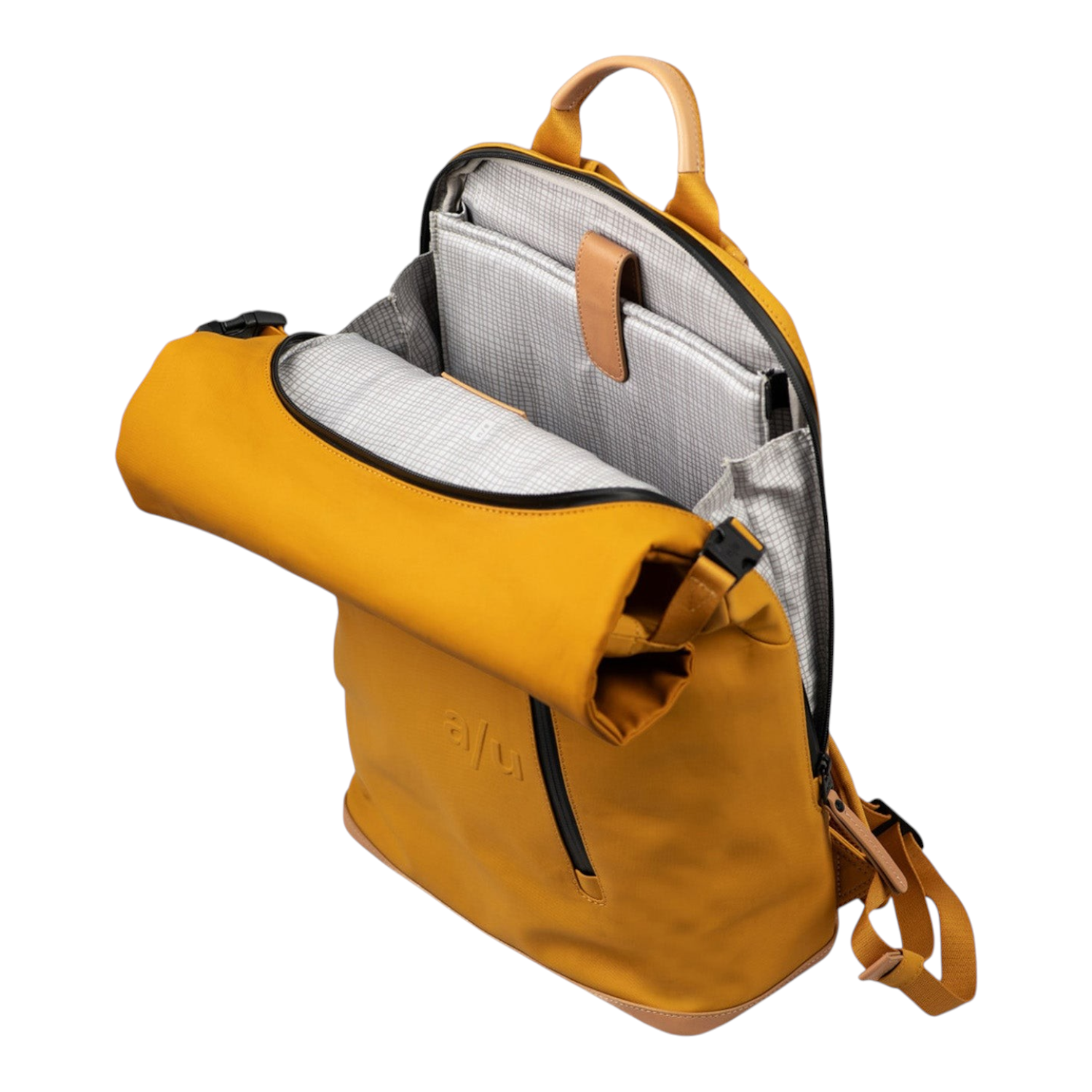 Lieblingstasche a/u Fukui rolltop backpack in mustard yellow coated canvas with leather details and open interior