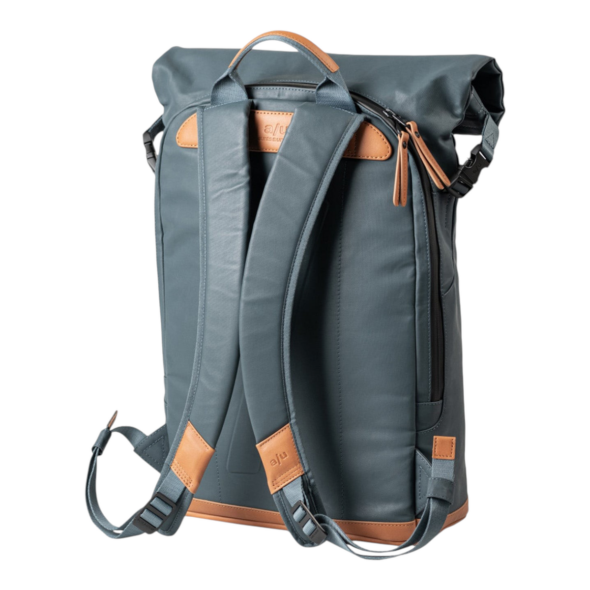 Lieblingstasche a/u by aunts & uncles Fukui rolltop backpack in grey coated canvas with tan leather details, back view.