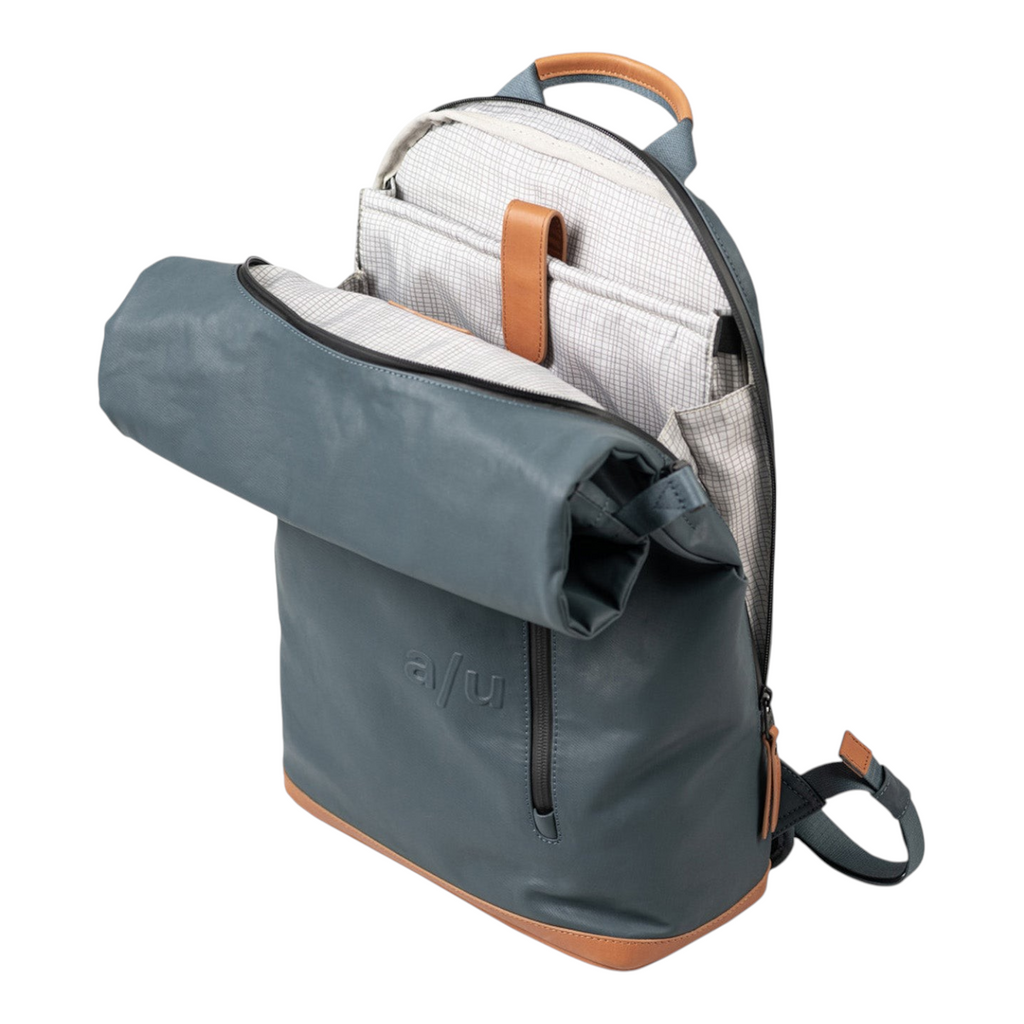 Lieblingstasche a/u by aunts & uncles Fukui rolltop backpack in blue coated canvas with tan leather details and open top