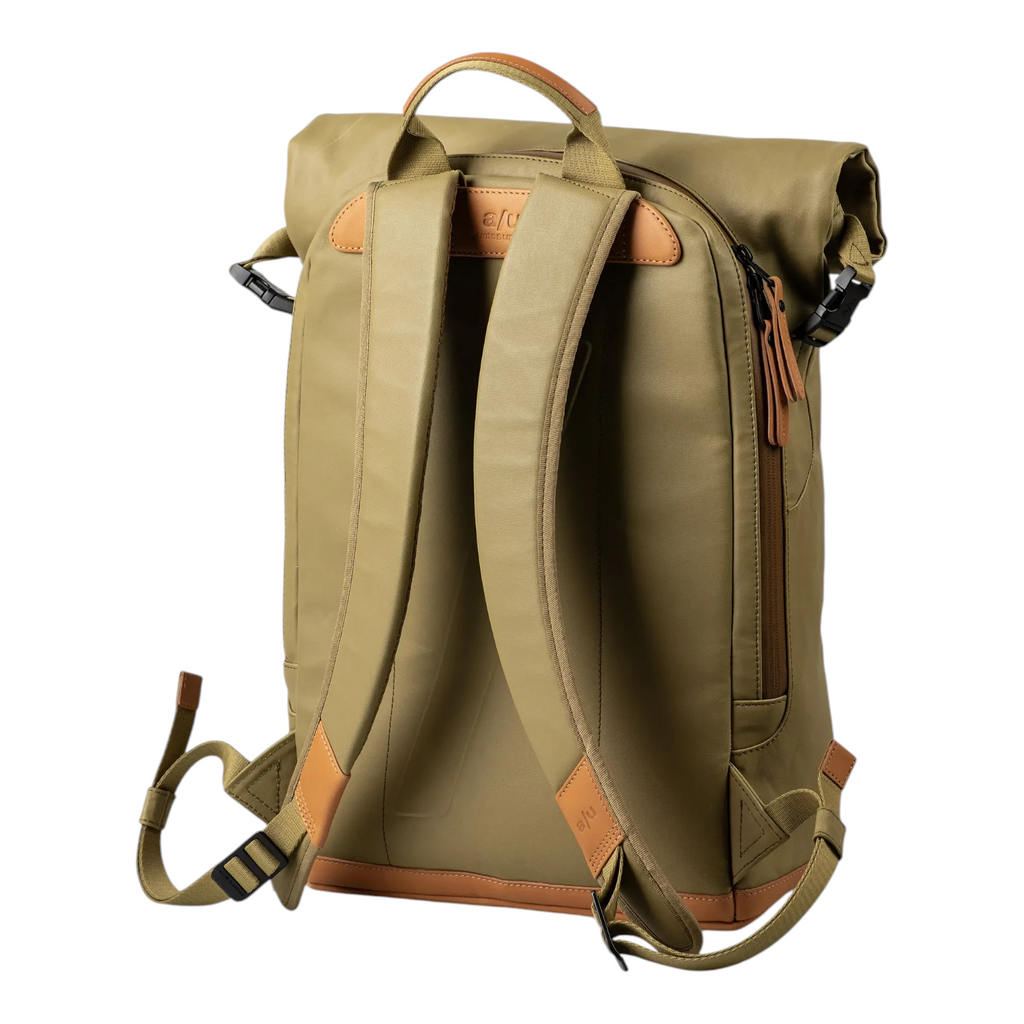 Lieblingstasche a/u by aunts & uncles Fukui rolltop backpack in olive green coated canvas with tan leather details.