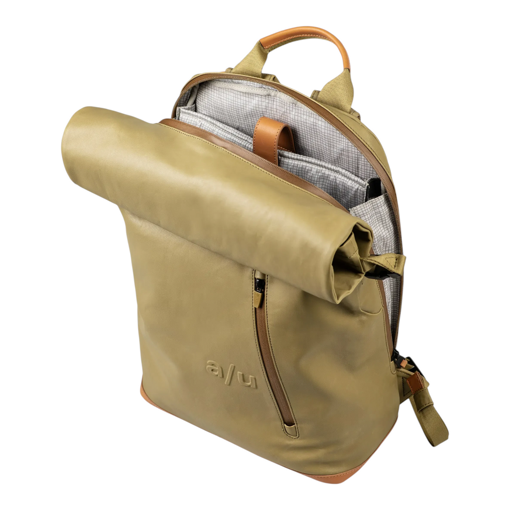 Lieblingstasche a/u by aunts & uncles Fukui rolltop backpack in olive green coated canvas with leather details