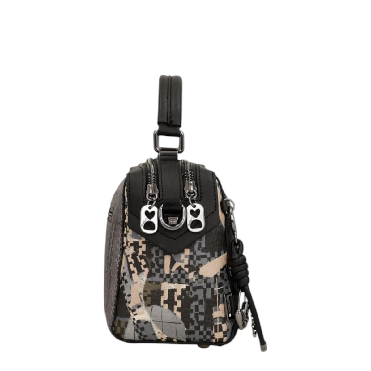 Lieblingstasche cross-body bag featuring a black and grey geometric pixelated pattern with dual top zip closures.