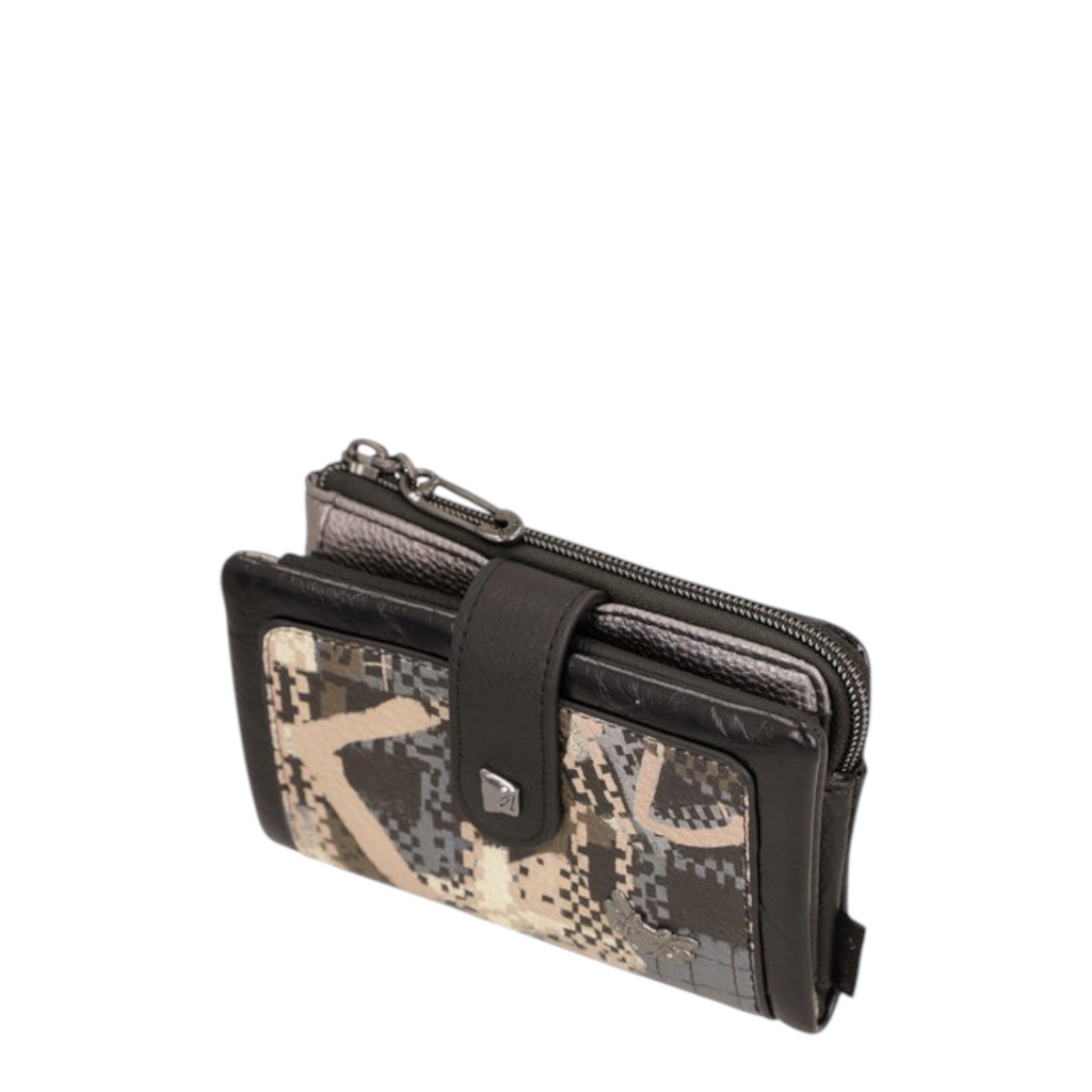 Lieblingstasche wallet in black with a grey and beige geometric pattern, featuring a snap closure and zip pocket.