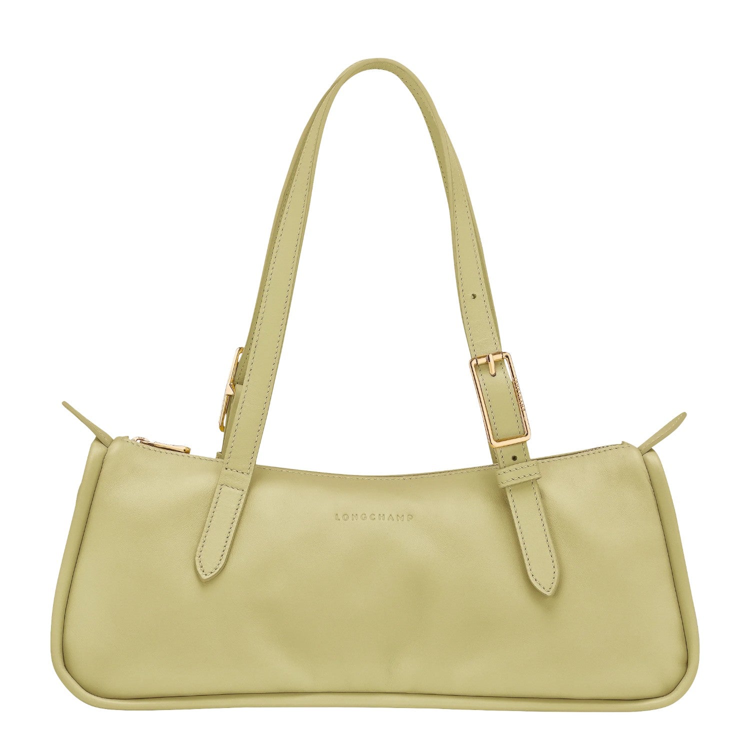 Lieblingstasche pale green leather baguette shoulder bag with gold buckle detail and zip closure