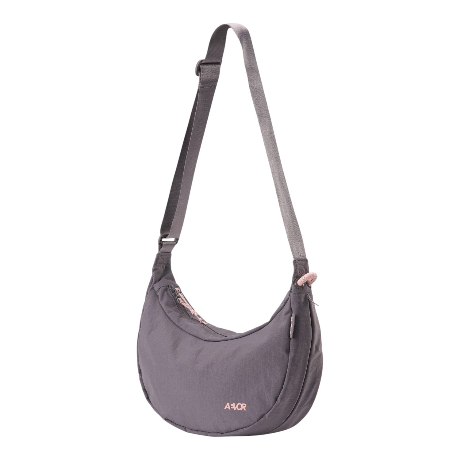 Lieblingstasche grey crescent-shaped sling bag with adjustable shoulder strap and pink zipper details