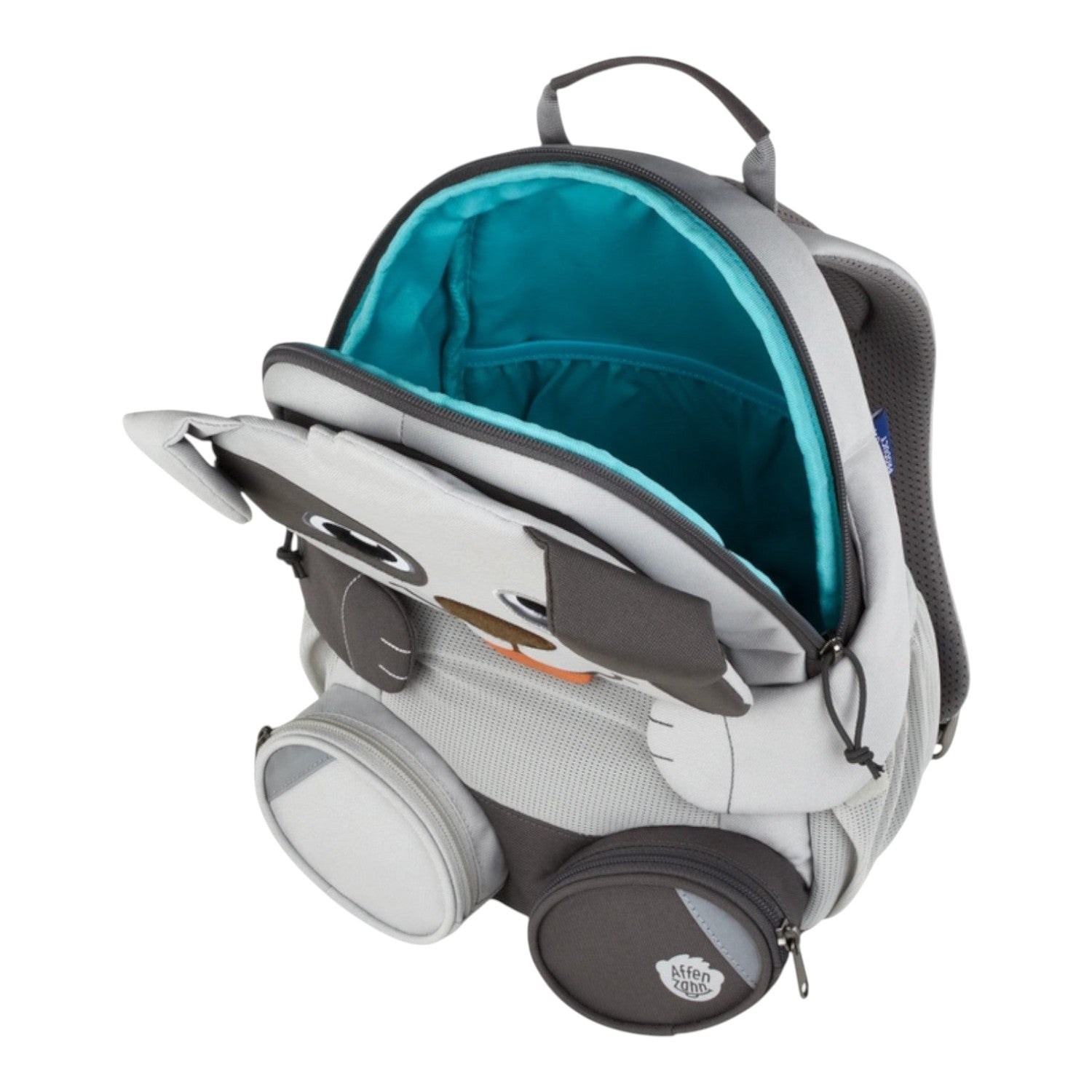 Lieblingstasche grey dog-shaped backpack for kids with open main compartment and turquoise lining.