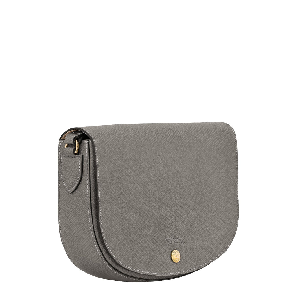 Lieblingstasche grey leather crossbody bag with gold hardware and embossed logo. Structured flap closure.