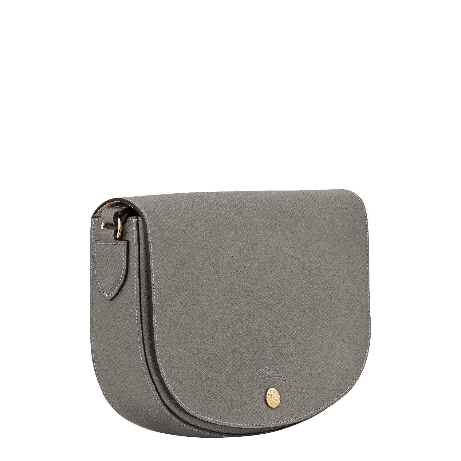 Lieblingstasche grey leather crossbody bag with gold hardware and embossed logo. Structured flap closure.