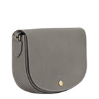 Lieblingstasche grey leather crossbody bag with gold hardware and embossed logo. Structured flap closure.