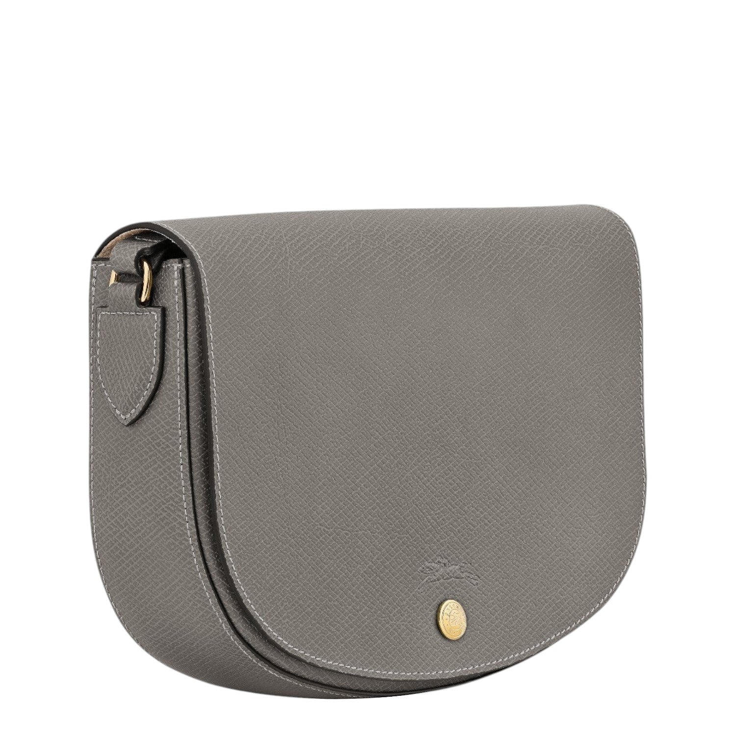 Lieblingstasche grey leather crossbody bag with gold hardware and embossed logo. Structured flap closure.