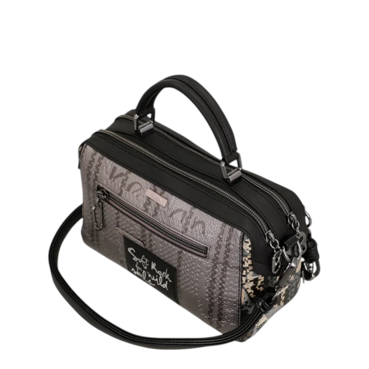 Lieblingstasche cross-body bag in grey with a plaid pattern, black trim, top handle, and a front zip pocket.