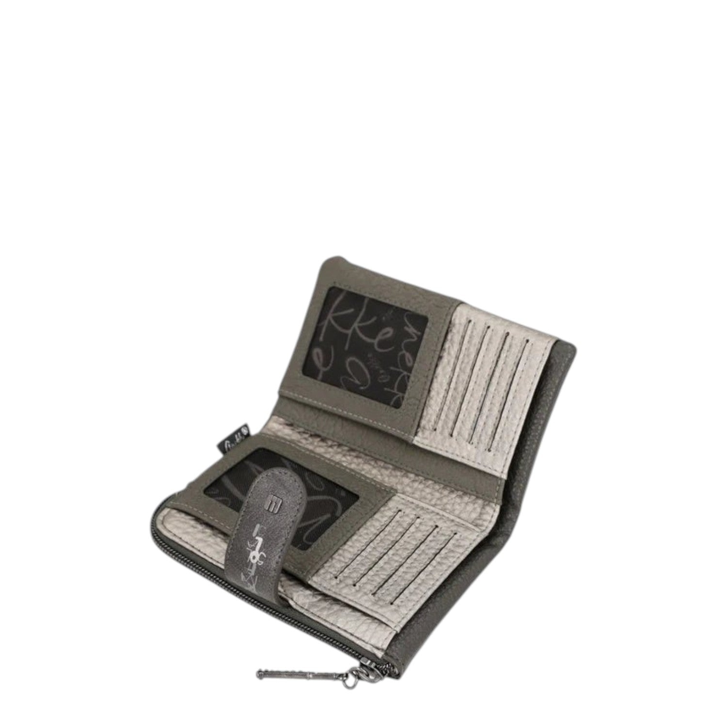 Lieblingstasche grey textured leather wallet with multiple card slots and clear ID windows, open view
