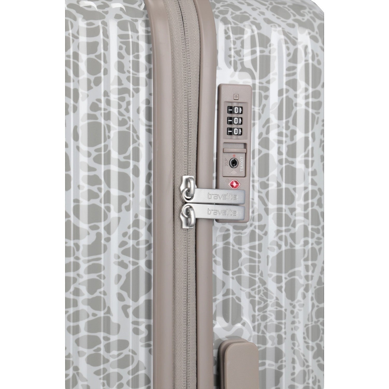 Lieblingstasche Edition 4W Trolley S, a small grey and white patterned hard-shell suitcase with a TSA combination lock.