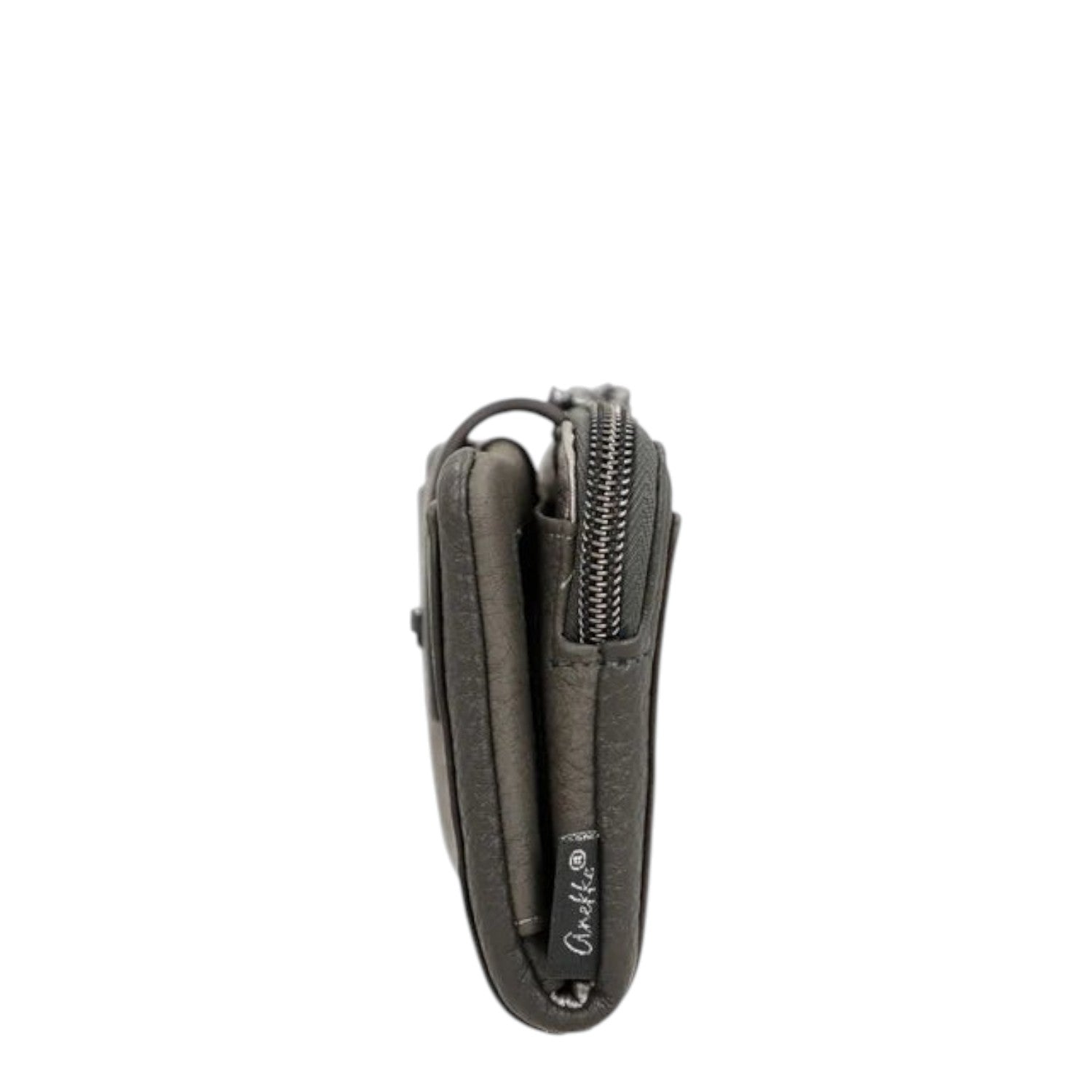 Lieblingstasche grey wallet shown from the side featuring a secure zipper closure and compact design