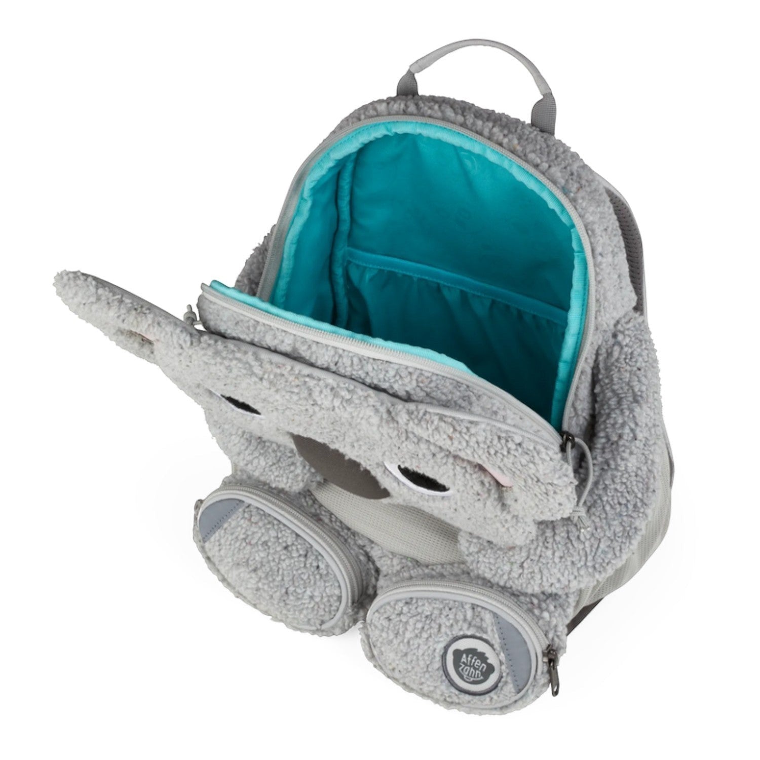 Lieblingstasche Großer Freund koala backpack in grey plush fabric with a bright turquoise interior lining.