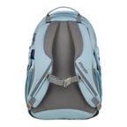 Lieblingstasche Großer Freund light blue backpack with grey padded straps and mesh back panel.