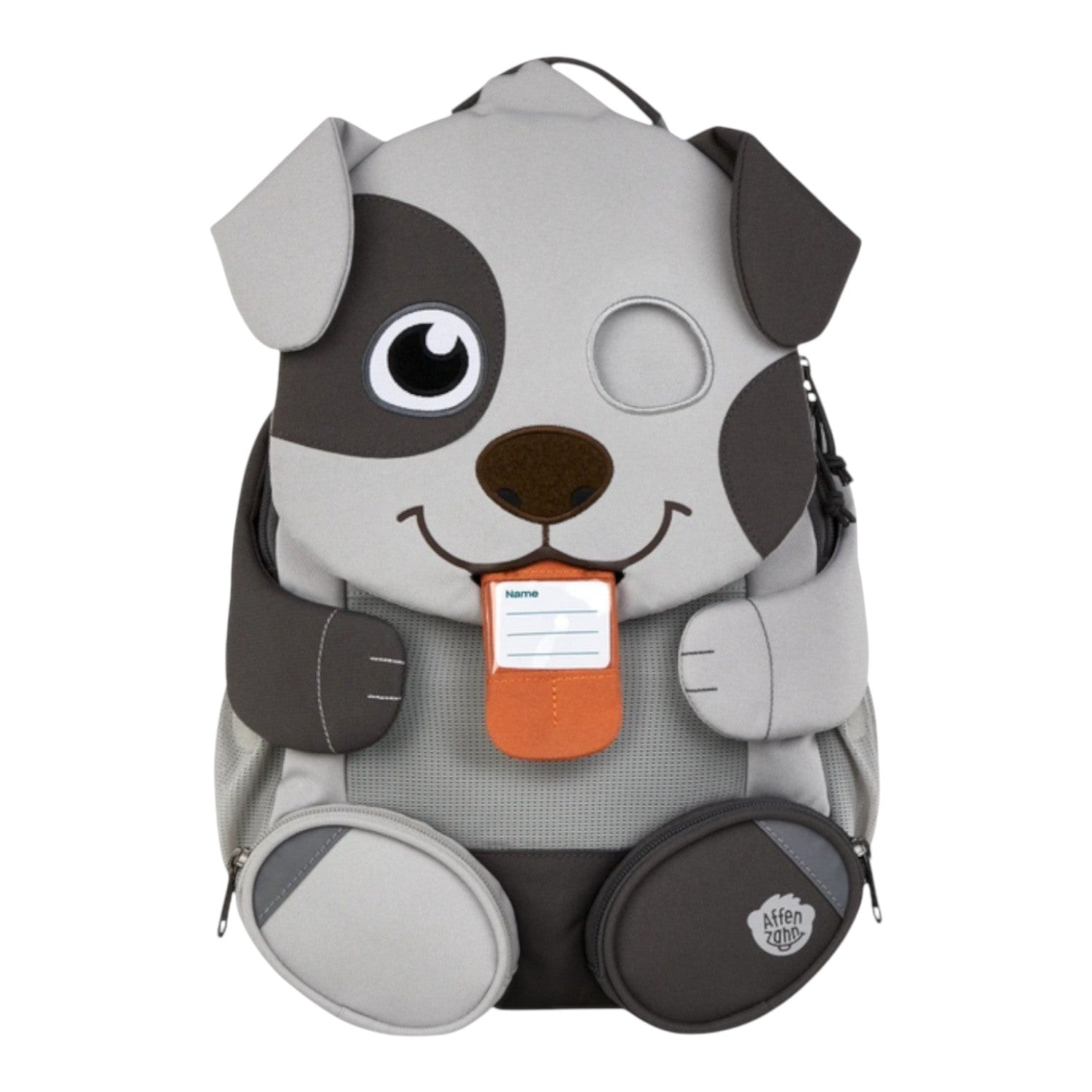 Lieblingstasche Großer Freund dog backpack with grey and dark grey accents, orange tongue, and name tag.