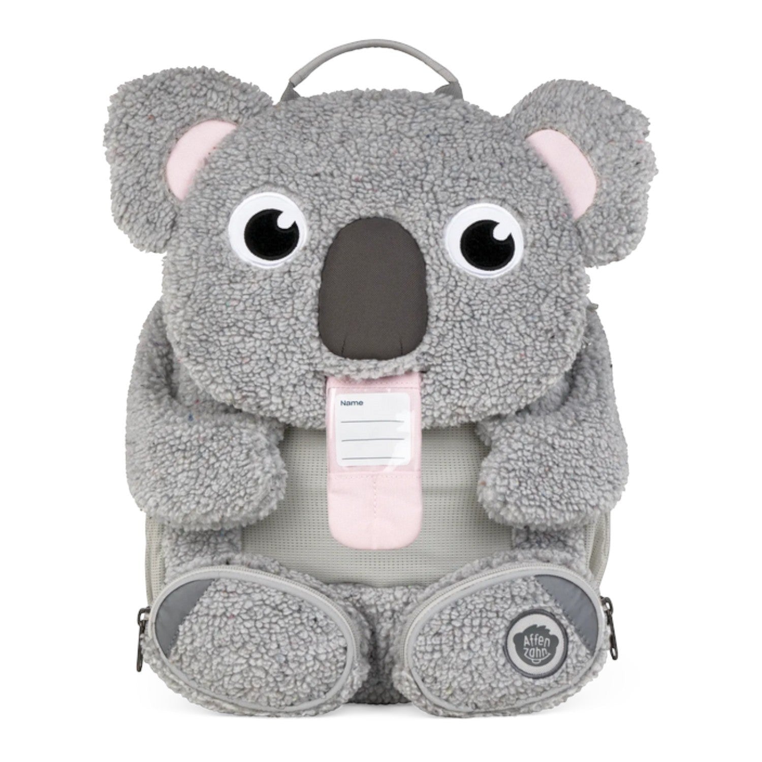 Lieblingstasche Großer Freund koala backpack in grey plush fabric with a pull-out name tag tongue