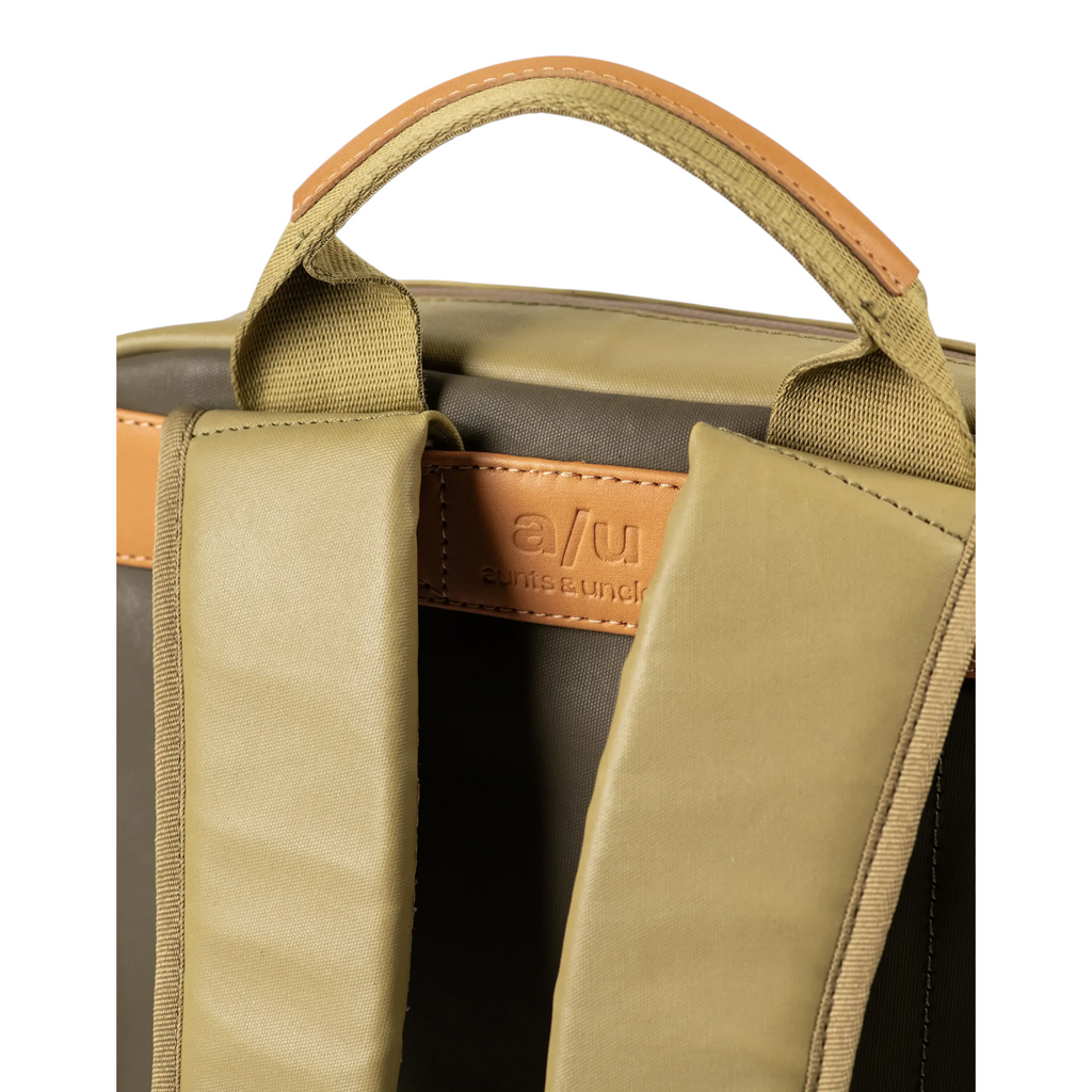 Lieblingstasche a/u by aunts & uncles Hamamatsu backpack in olive green coated canvas with tan leather details