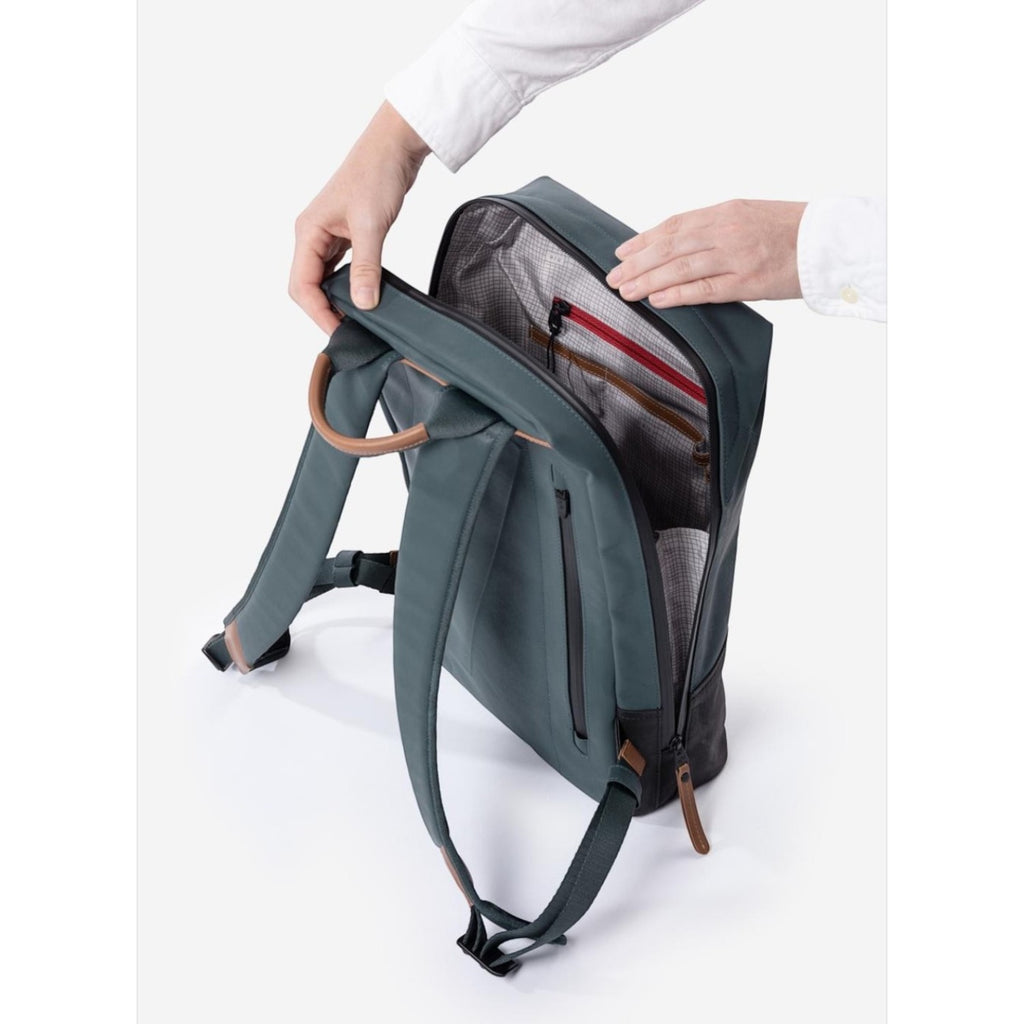 Lieblingstasche a/u by aunts & uncles Hamamatsu backpack in dark green coated canvas with leather base and open interior