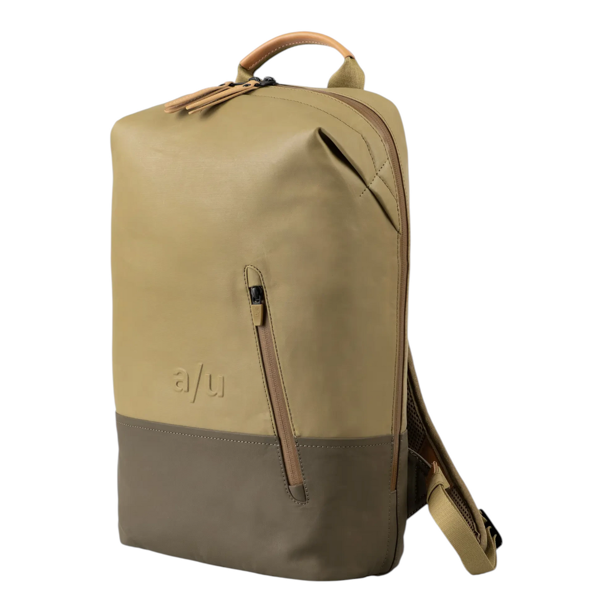 Lieblingstasche a/u by aunts & uncles Hamamatsu backpack in olive green coated canvas with brown leather base details.