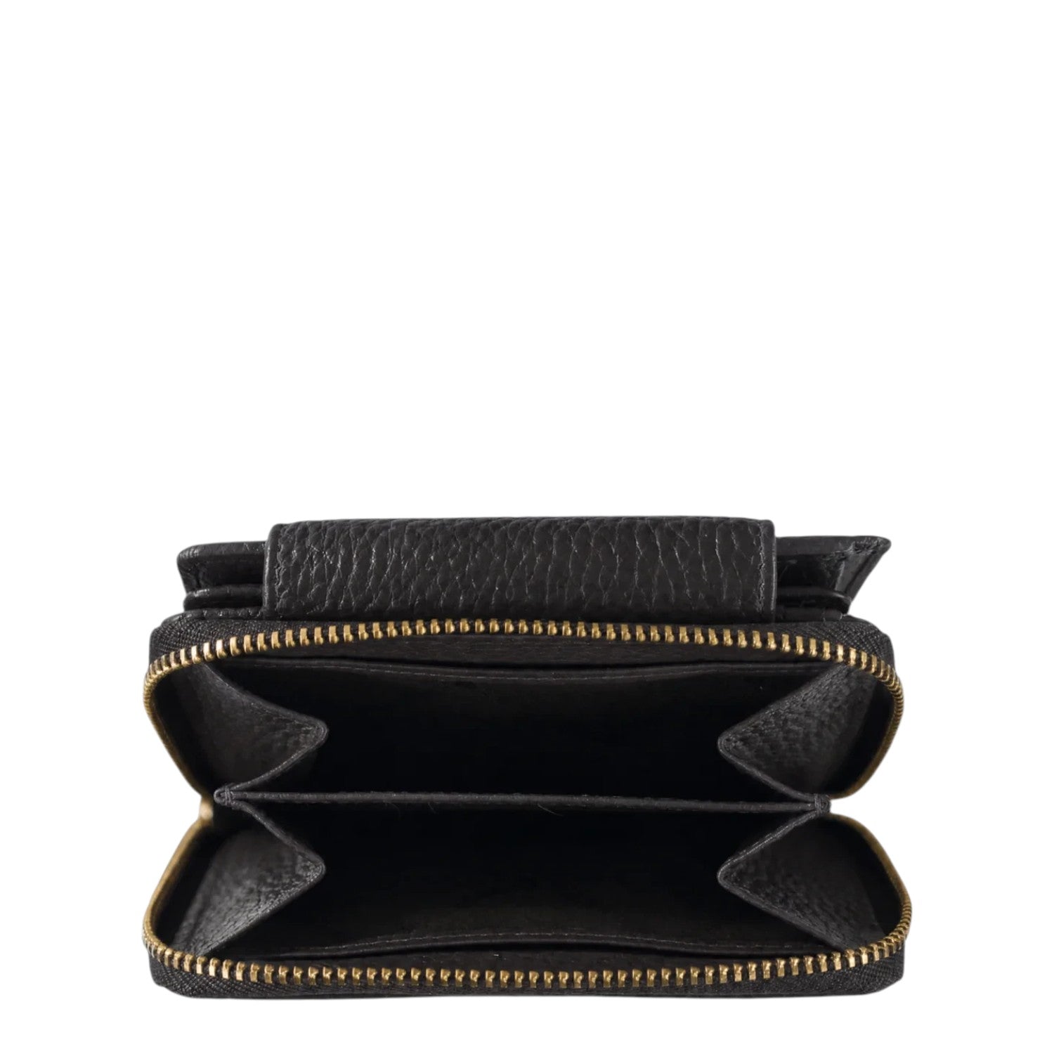 Lieblingstasche Hanna RFID wallet in black grained leather with an open zippered coin compartment and gold hardware