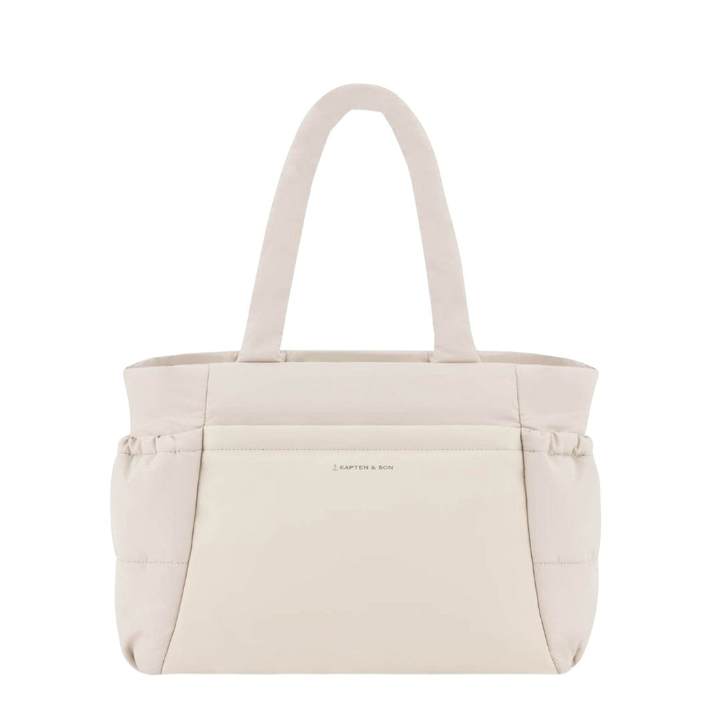 Lieblingstasche Hellvi Cloud Medium tote bag in beige with quilted padding, side bottle pockets, and top handles.