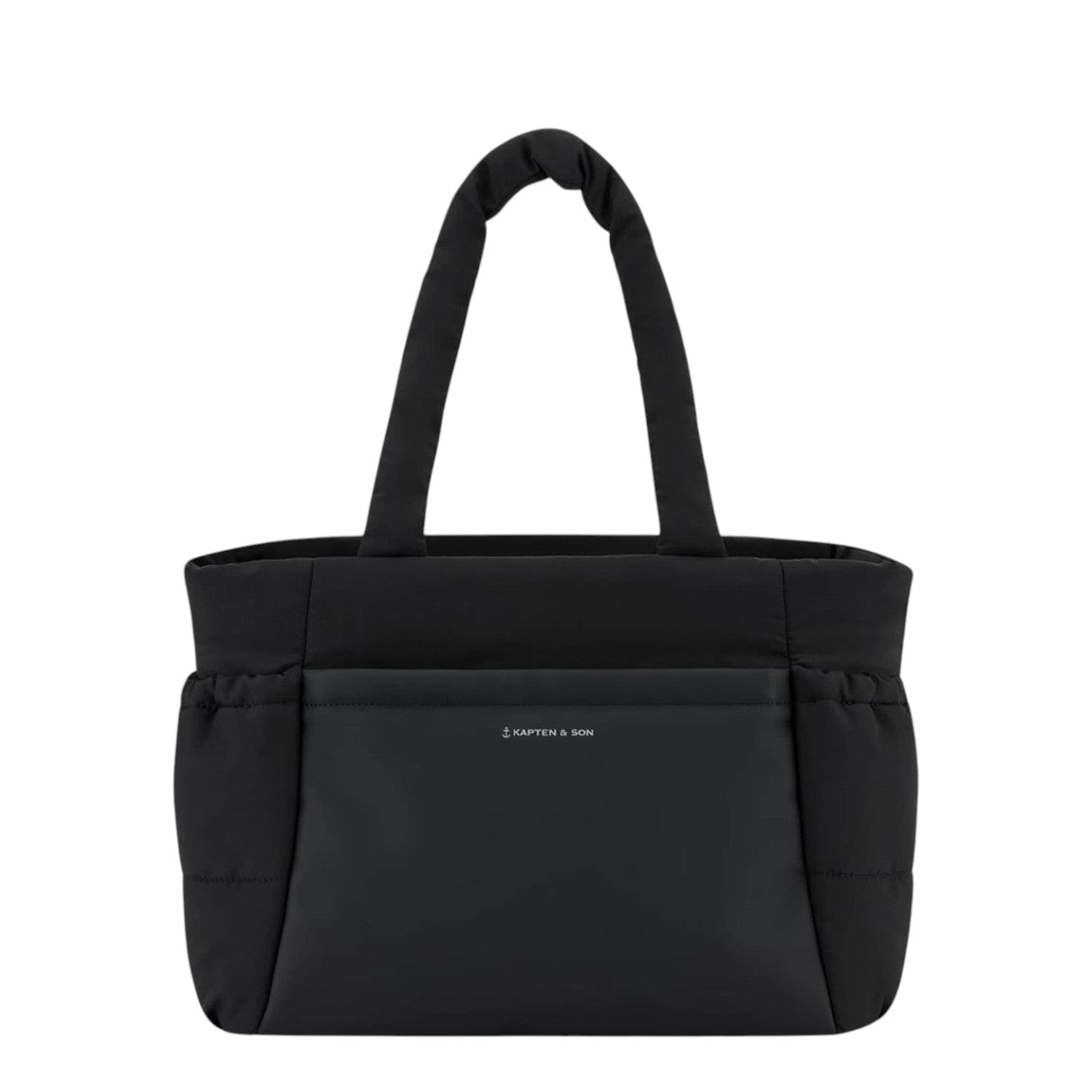 Lieblingstasche Hellvi Cloud Medium black tote bag with padded texture, side bottle pockets, and front zip compartment