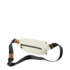 Lieblingstasche Ichikawa belt bag in off-white coated canvas with black zippers and brown leather details.