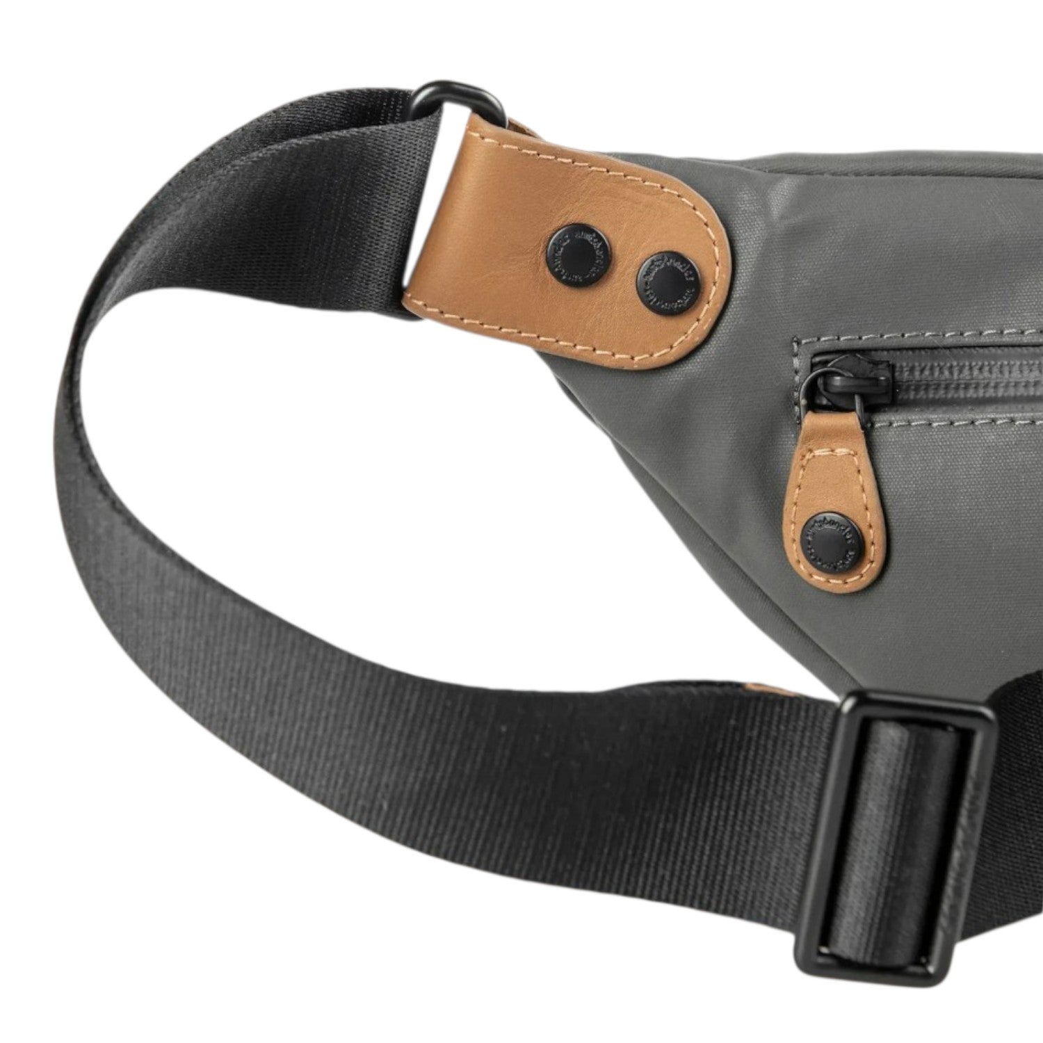 Lieblingstasche a/u by aunts & uncles Ichikawa grey belt bag with tan leather details and black adjustable strap