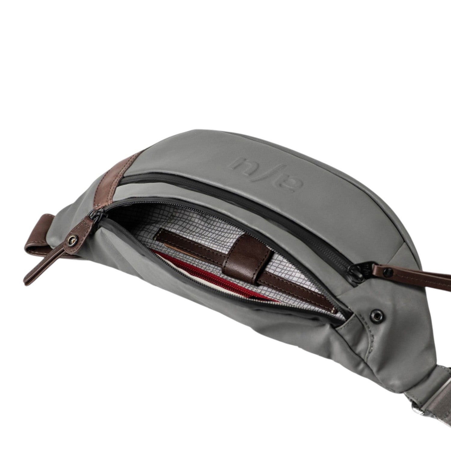 Lieblingstasche a/u by aunts & uncles Ichikawa grey belt bag with brown leather details and open main compartment