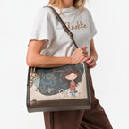 Lieblingstasche shoulder bag featuring a whimsical illustrated girl design with metallic accents and adjustable strap