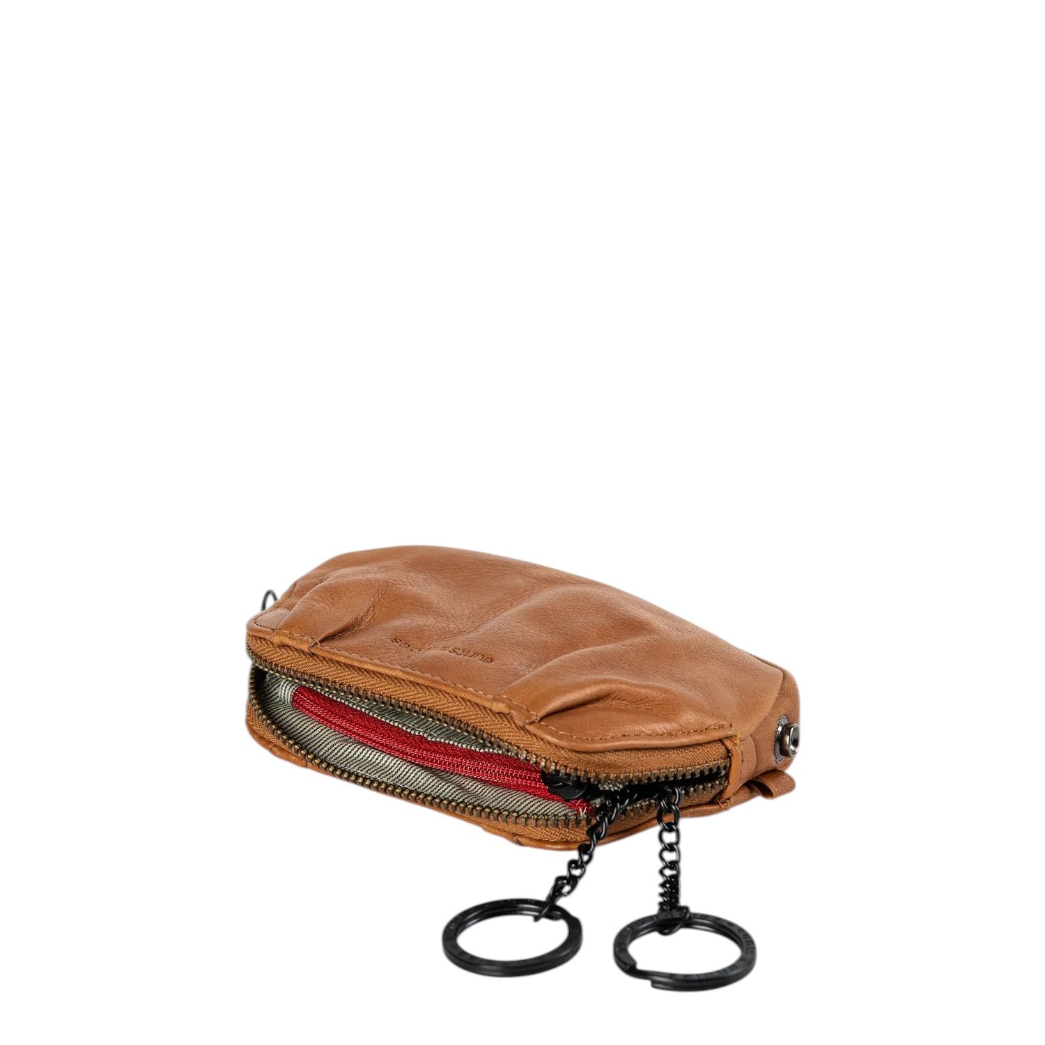 Lieblingstasche Jacy brown leather key case with two black key rings and a red interior zipper detail.