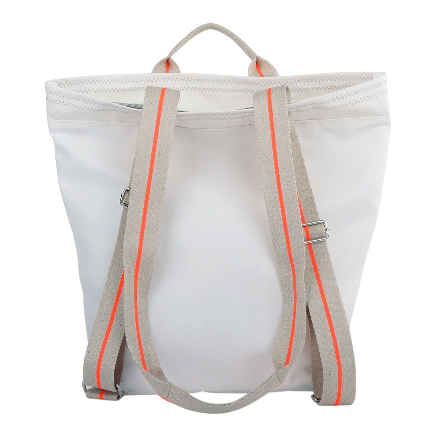 Lieblingstasche Kaje white backpack with grey straps featuring neon orange stripes and silver hardware.