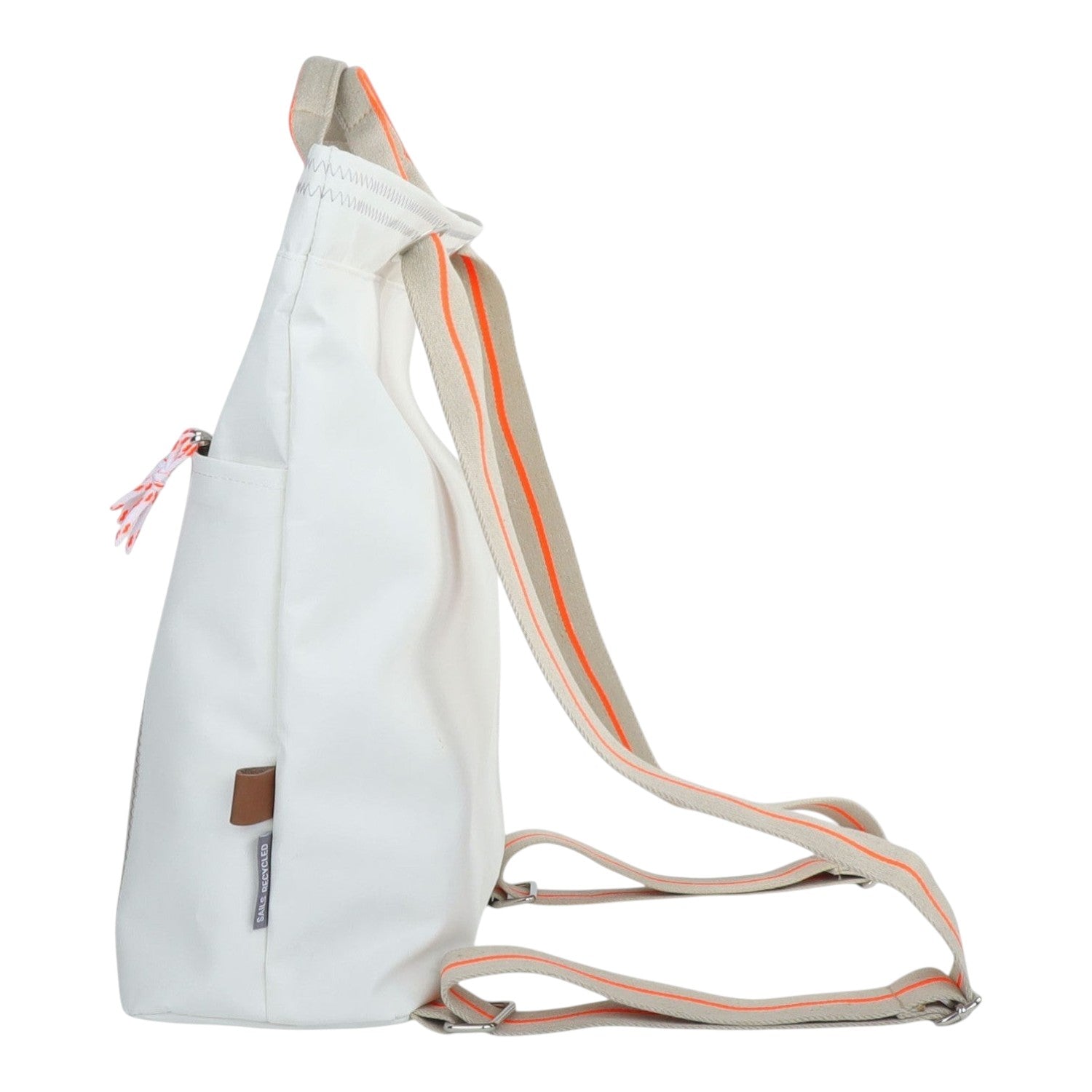 Lieblingstasche Kaje white backpack with orange and beige striped straps and a tassel detail.