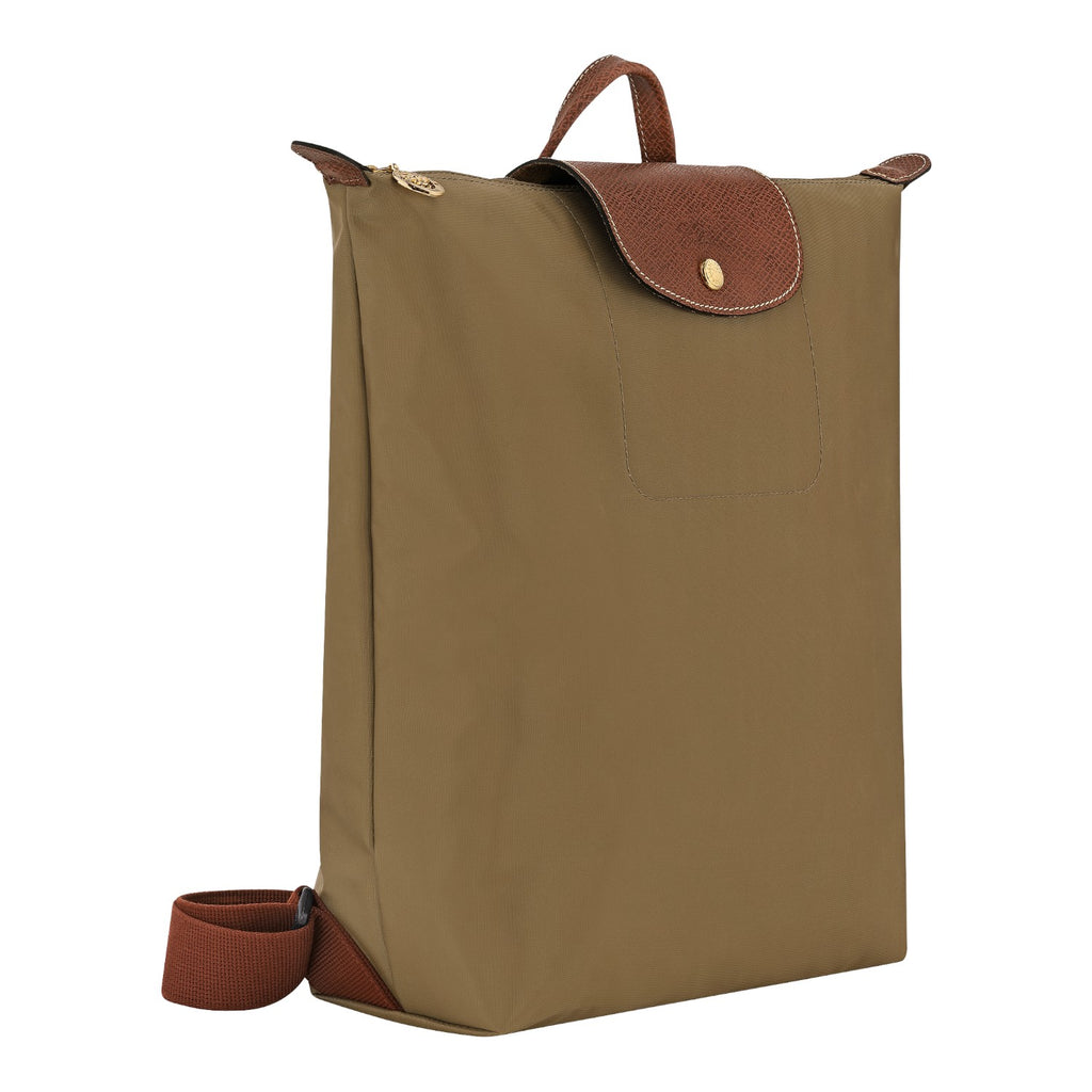 Lieblingstasche Le Pliage rucksack in khaki nylon with brown leather flap and gold hardware