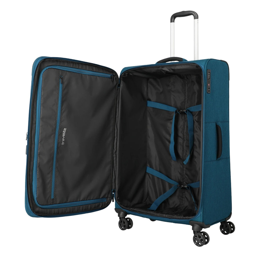 Lieblingstasche KICK OFF large expandable 4-wheel trolley suitcase in blue with open interior and packing straps