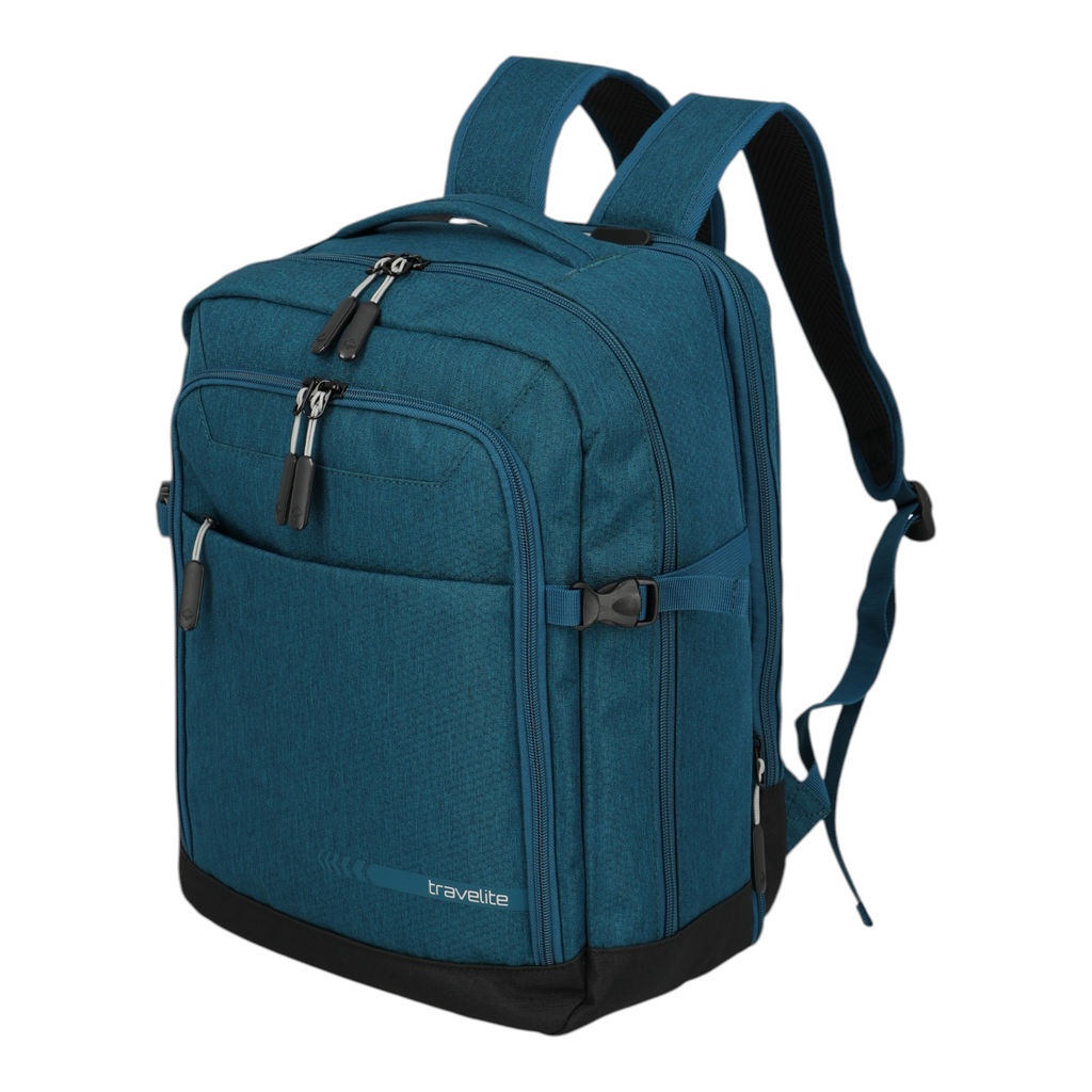 Lieblingstasche Kick Off Cabin Rucksack in petrol blue with black base, featuring multiple zippered compartments.