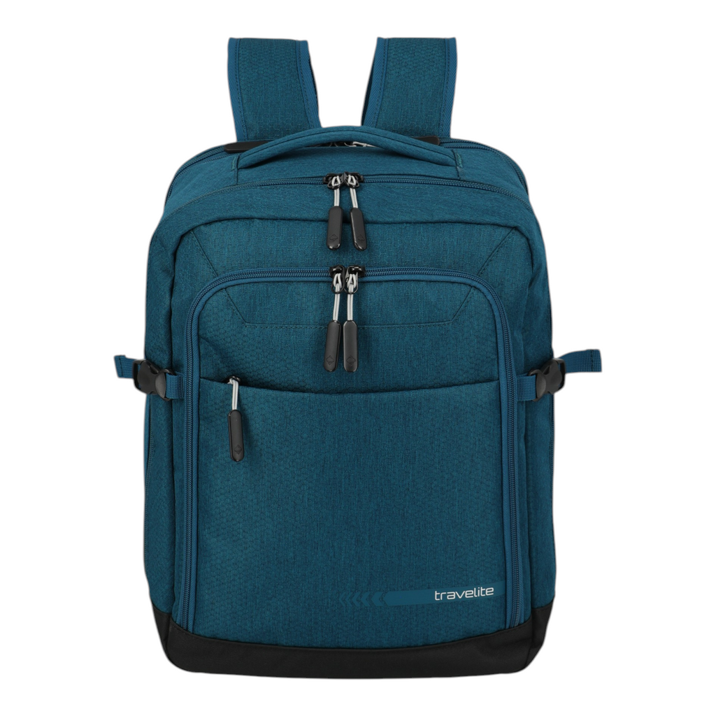 Lieblingstasche Kick Off cabin rucksack in petrol blue with black base, multiple zippered compartments and straps.