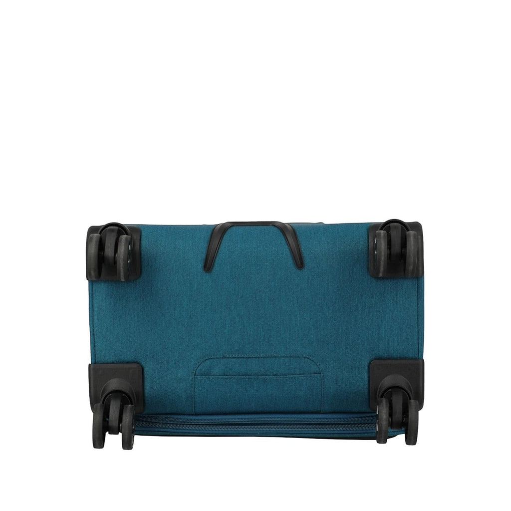 Lieblingstasche KICK OFF medium expandable trolley suitcase in teal blue, showing the four-wheel base view.