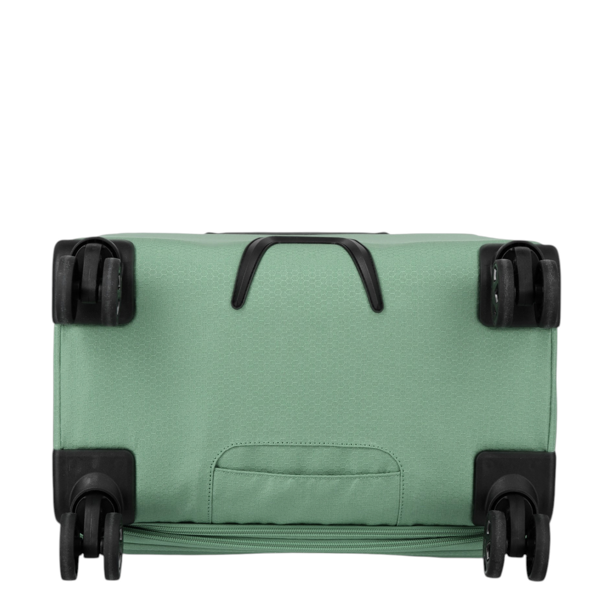 Bottom view of the Lieblingstasche Kick Off Trolley 4w M exp in sage green showing four spinner wheels and handle.