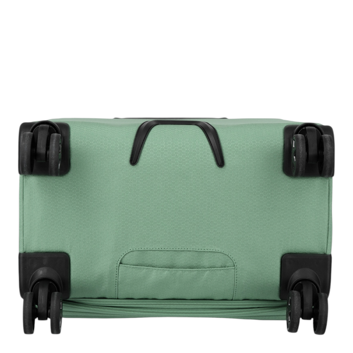 Bottom view of a Lieblingstasche Kick Off Trolley 4w L exp in sage green showing four spinner wheels and handle