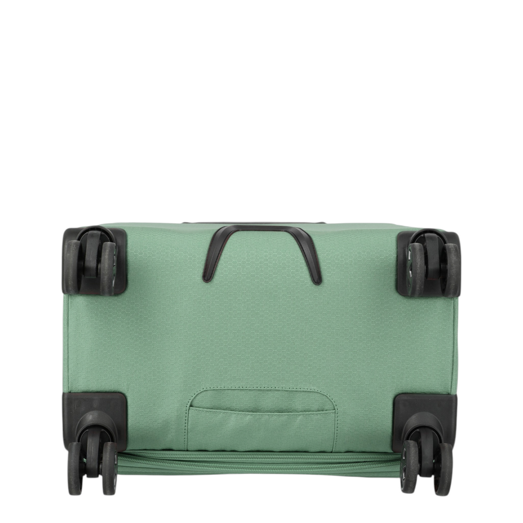 Lieblingstasche Kick Off Trolley 4w S in sage green showing the bottom view with four black spinner wheels