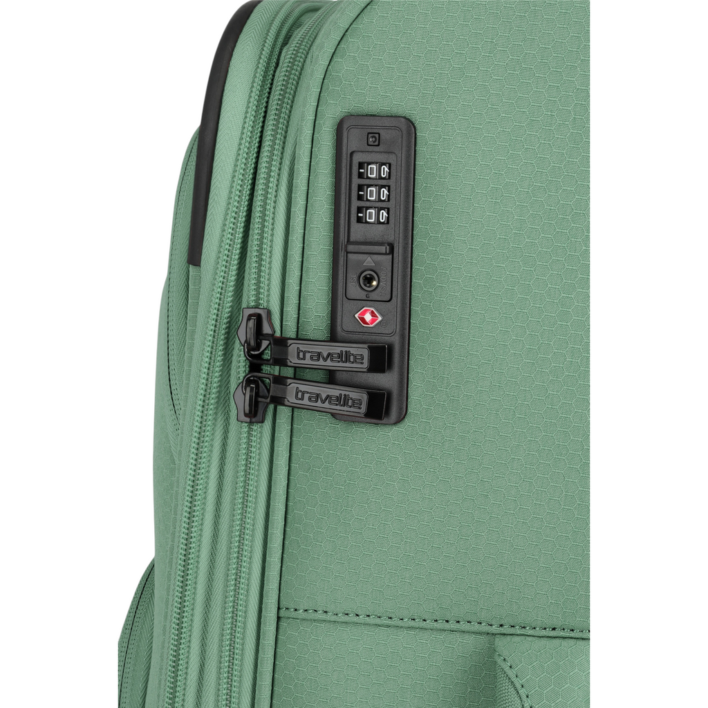 Lieblingstasche Kick Off trolley suitcase in sage green with a secure TSA combination lock and zipper pulls.